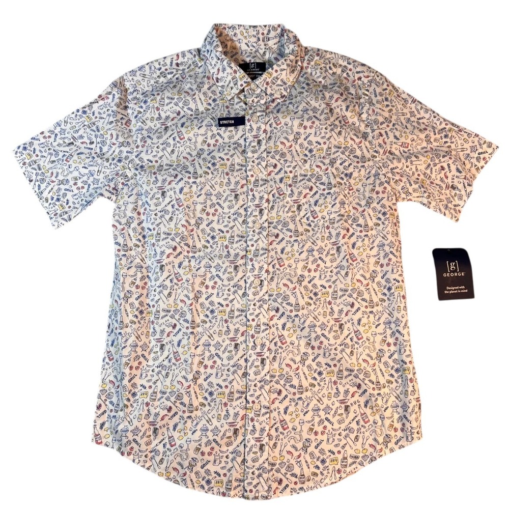 Mens Small Button Down Stretch Shirt Grill Master Hawaiian Burger BBQ Beer Brats